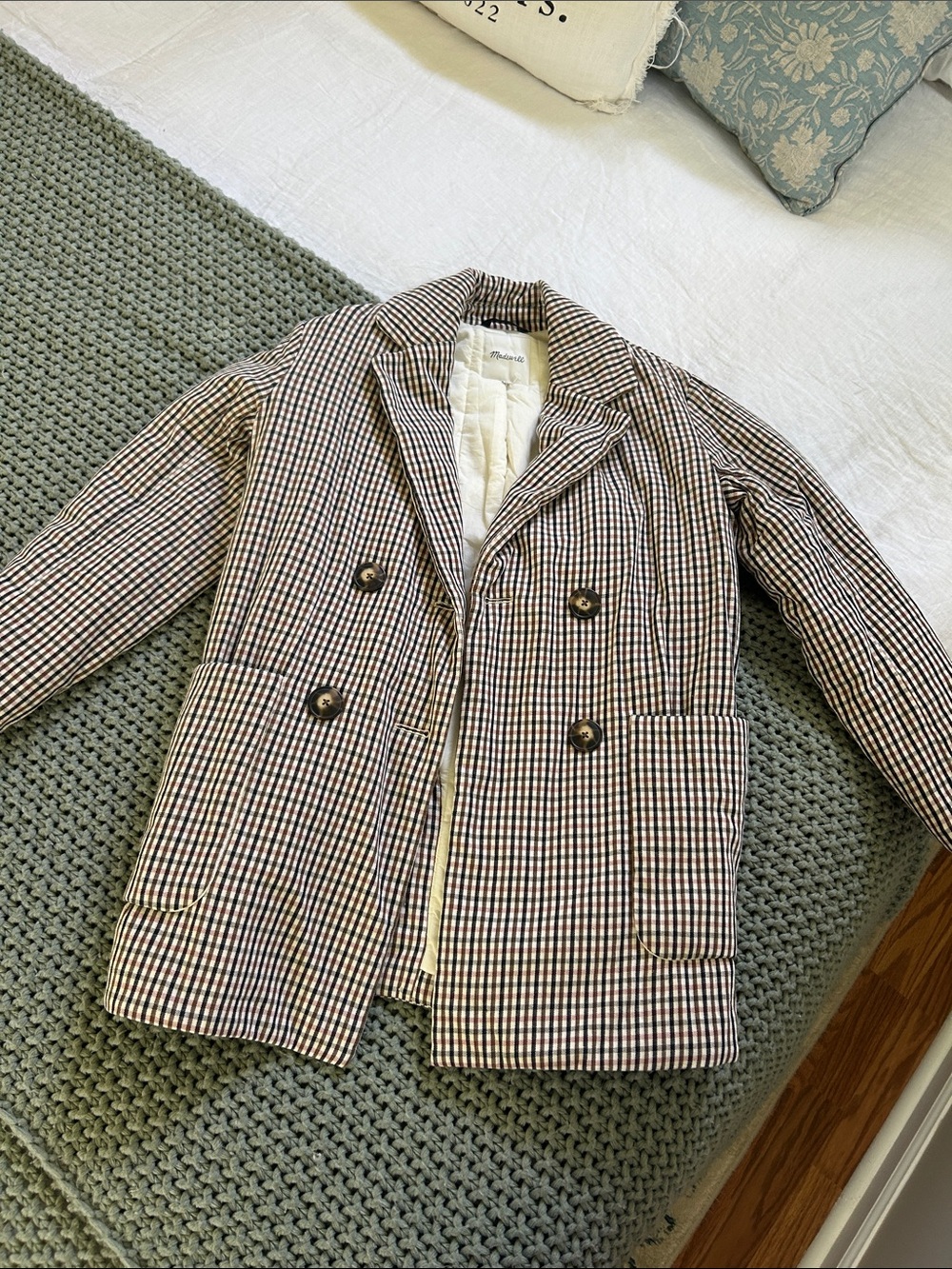 Madewell Brown and Cream Gingham Double-Breasted Blazer